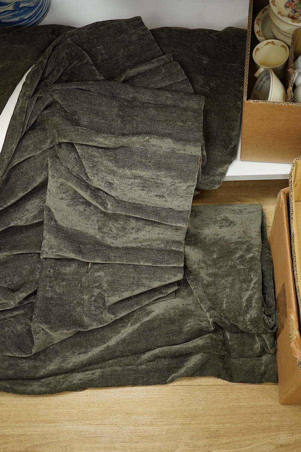 A pair of modern grey velvet curtains, 180cm wide at the top x 193cm approximately.